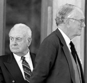 Image of Gough Whitlam and Malcolm Fraser at the funeral in 1999 of the former Member for Bass and member of the Fraser Cabinet, the Hon Kevin Newman.